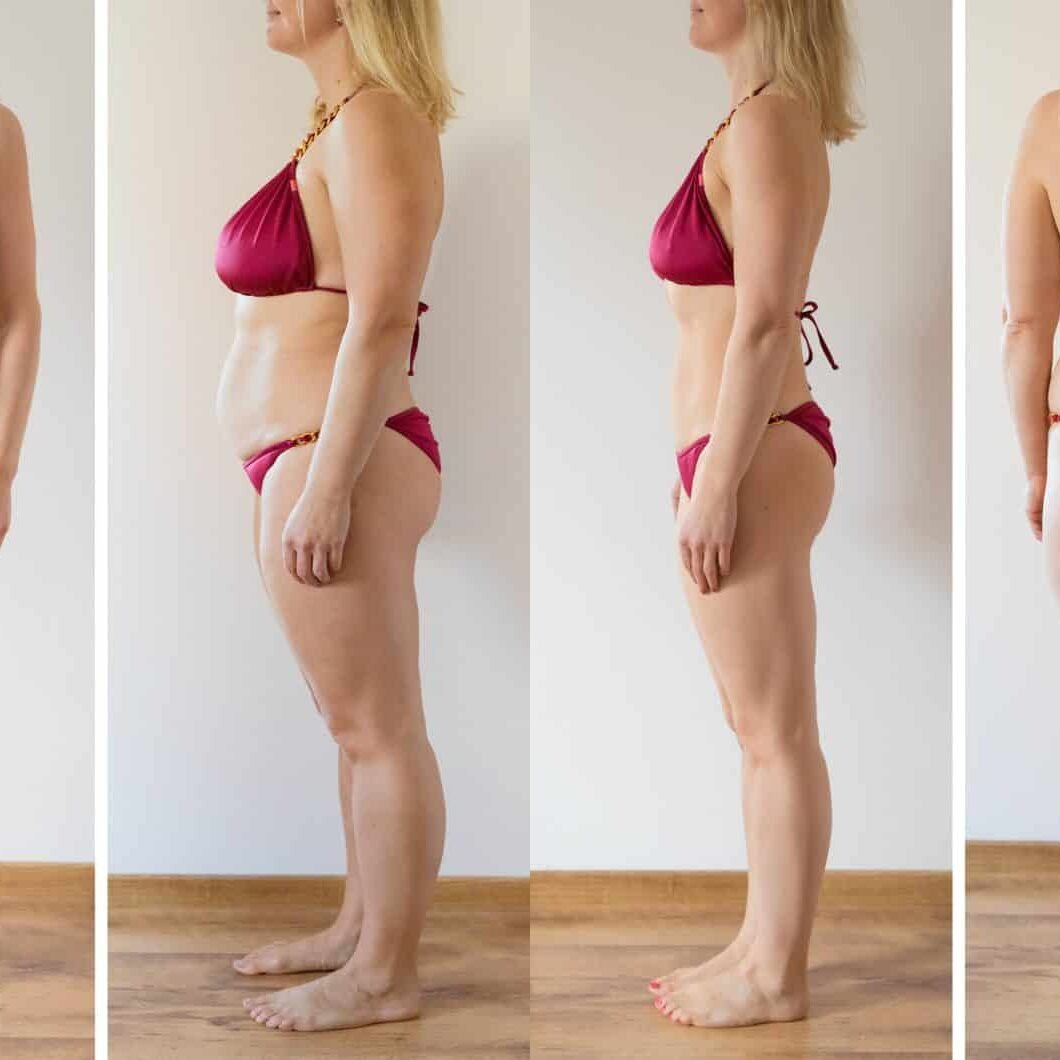 Woman posing at home before and after weight loss diet Woman posing at home before and after weight loss diet